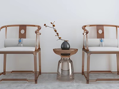 Chinese Style Chair And Table Set With Copper Frame Wooden Elements And Transparent Base 3d model
