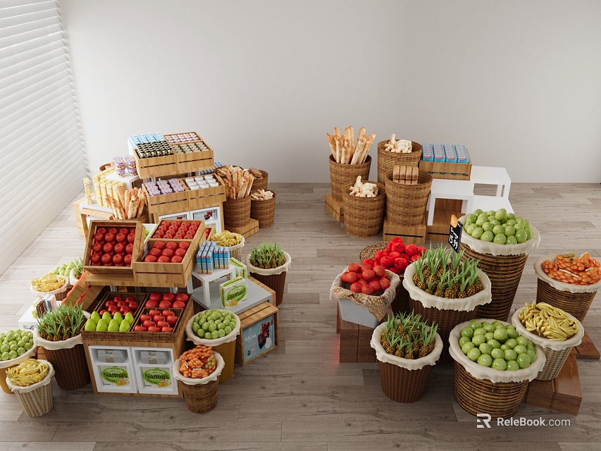 Fresh Assorted Fruits Including Apples Oranges Grapes in Baskets and Wooden Crates Market 3d model 