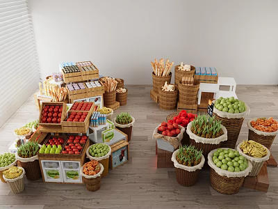 Fresh Assorted Fruits Including Apples Oranges Grapes in Baskets and Wooden Crates Market 3d model