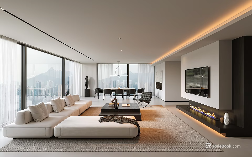 Modern Spacious Living Dining Room Interior With Large Windows City View Sofa And Fireplace 3d model 