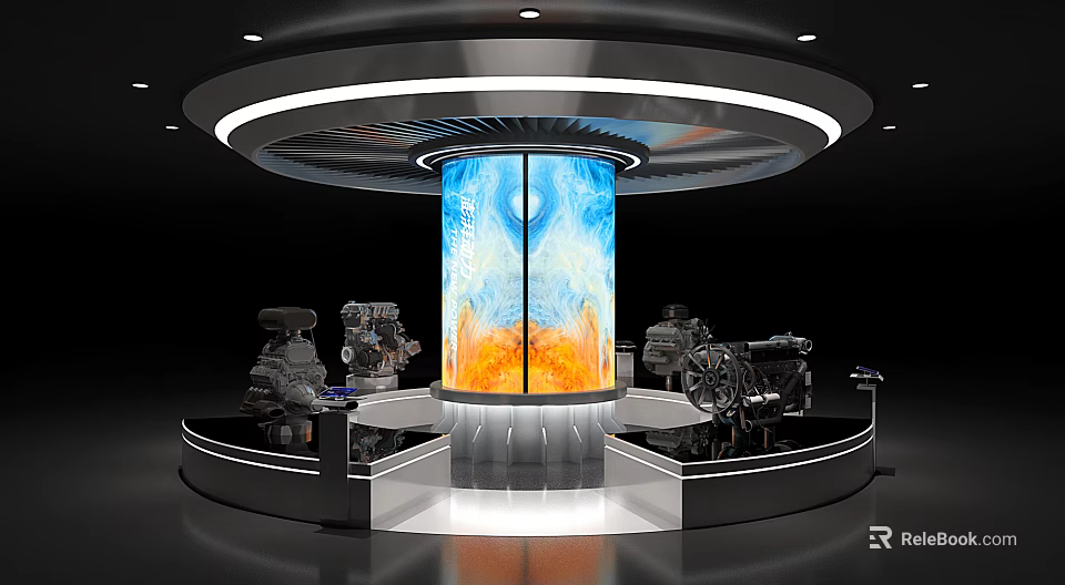 Modern Circular Exhibition Booth with Cylindrical Large Screen Mechanical Engines Blue Orange Patterns and Lighting 3d model 