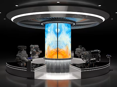 Modern Circular Exhibition Booth with Cylindrical Large Screen Mechanical Engines Blue Orange Patterns and Lighting 3d model