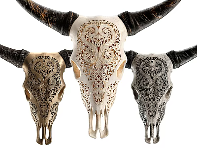 Animal Wall Decor with Three Skulls Black Horns Intricate Cutout Patterns Gold White Gray Tones 3d model