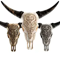 Animal Wall Decor with Three Skulls Black Horns Intricate Cutout Patterns Gold White Gray Tones