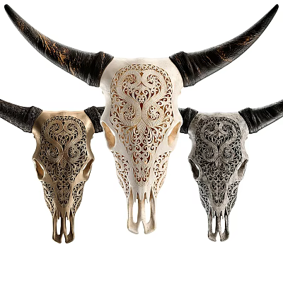 Animal Wall Decor with Three Skulls Black Horns Intricate Cutout Patterns Gold White Gray Tones 3d model