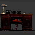 Vintage Wooden Desk Setup With Table Lamp Telephones Red Cushion Chair And Rug