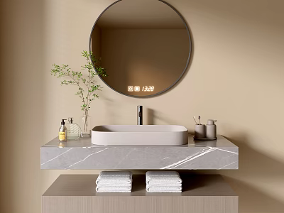 Modern Bathroom Vanity With Marble Countertop White Basin Round Mirror Green Plant And Towels 3d model