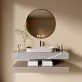 Modern Bathroom Vanity With Marble Countertop White Basin Round Mirror Green Plant And Towels