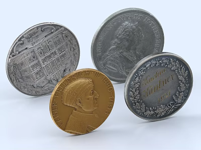 Decorative Ornaments Set With Silver Gold Coins Featuring Architecture Portraits And Inscriptions 3d model