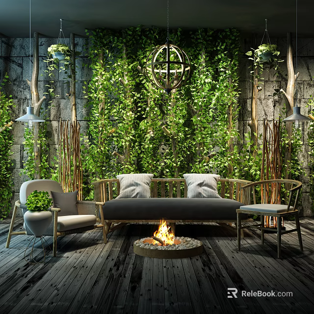 Natural Style Sofa Set with Lush Greenery Wall Wooden Floor Fire Pit and Accompanying Seating 3d model 