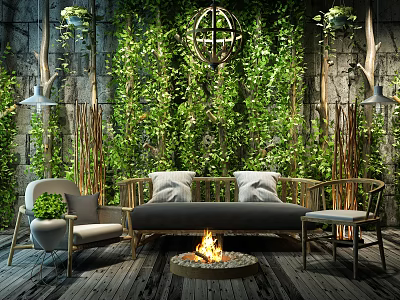 Natural Style Sofa Set with Lush Greenery Wall Wooden Floor Fire Pit and Accompanying Seating 3d model