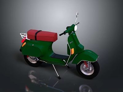 Vintage Style Green Scooter with Red Storage Box Side Mirrors and Black Tires 3d model