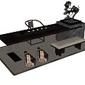 Traditional Chinese Tea Table And Chairs With Teapot Cups Stool Potted Plant Rug Design