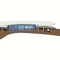 Outdoor Pergola Design With Curved Roof White Pillars Blue Striped Walls And Wooden Deck