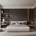 Modern Bedroom Interior With Light Gray Bed Nightstand Lamp Plant Wall Paneling And Wooden Floor