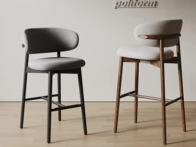 Modern Upholstered Bar Stools with Curved Back Grey Light Beige Seats Black Wooden Legs 3d model