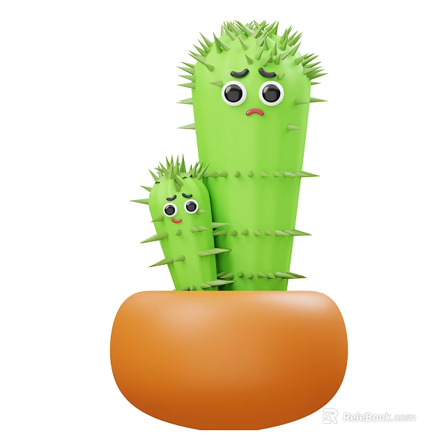 Cute Large And Small Cactus Plants With Cartoon Faces In Orange Pot 3d model 