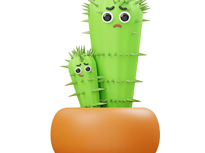 Cute Large And Small Cactus Plants With Cartoon Faces In Orange Pot 3d model