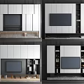 Modern TV Background Cabinet With White Grey Panels Wooden Base TV Screen And Decorative Items