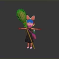 Anime Movie Character Wearing Red Bow Blue Dress Holding Broom With Small Bag