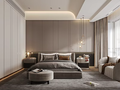 Modern Bedroom Interior Design With Gray Platform Bed Nightstands And Pendant Lights 3d model