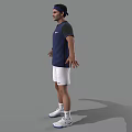 Man Tennis Player in Blue Shirt White Shorts with Cap Wristband and Arms Outstretched
