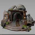 Natural Rocky Cave Entrance With Wooden Archway Lanterns Rail Tracks Mine Cart And Green Plants