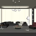 Modern Living Room Featuring Black L shaped Sofa White Rug Round Coffee Table And Red Chair