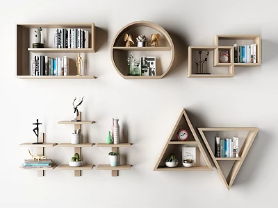 Modern Wooden Wall Cabinets With Geometric Shapes And Decorative Items 3d model
