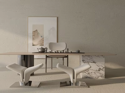 Modern Minimalist Desk With Wooden Top Marble Base White Chairs Wall Artwork And Tea Set 3d model