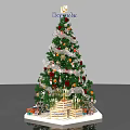 Decorated Christmas Tree With Sparkling Lights Red Orange Ornaments White Ribbons And Merry Christmas Base