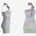 One Shoulder Gradient Color Dress With Ruched Waist And Neck Ribbon Flower