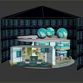 Blue Multi layered Architectural Model With Green Spheres Circular Platform And Server Racks