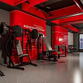 Red Themed Fitness Gym With Exercise Equipment Windows And Ceiling Pipes