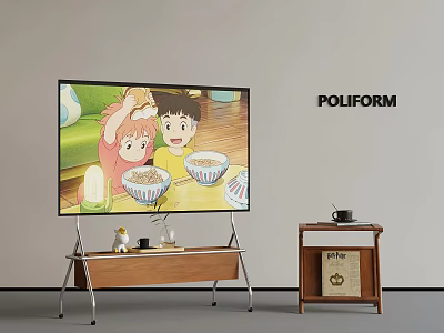 Animated Kids Eating Noodles On TV With Wooden TV Stand And Poliform Brand 3d model