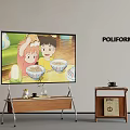 Animated Kids Eating Noodles On TV With Wooden TV Stand And Poliform Brand