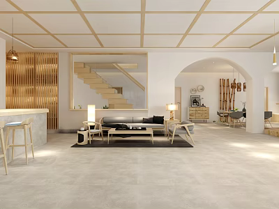 Modern Living Room Interior With Open Layout Sofa Coffee Table And Wooden Staircase 3d model