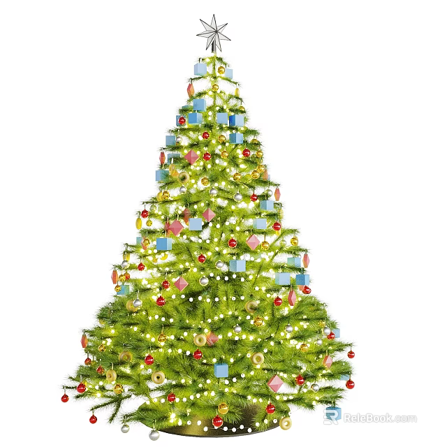 Bonsai Potted Plant Decorated with String Lights and Colorful Ornaments 3d model 
