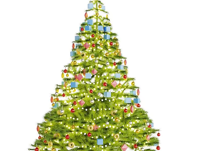 Bonsai Potted Plant Decorated with String Lights and Colorful Ornaments 3d model