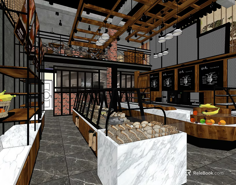Dessert Shop Interior Design With Open Layout Marble Display Cases Wooden Ceiling And Fresh Fruit Decorations 3d model 