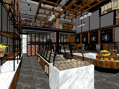 Dessert Shop Interior Design With Open Layout Marble Display Cases Wooden Ceiling And Fresh Fruit Decorations 3d model