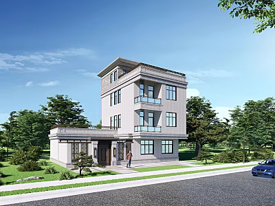 Three Story Detached Villa With Blue Sky Green Lawn Trees Blue Car And Person 3d model