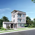 Three Story Detached Villa With Blue Sky Green Lawn Trees Blue Car And Person