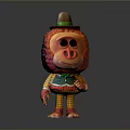 3D Modeled Cartoon Character Wearing Brown Hat Red Hair Green Overalls On Black Reflective Surface