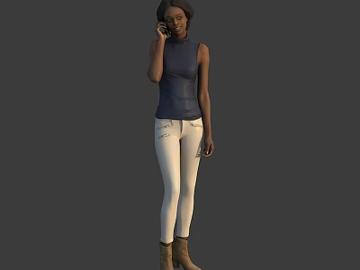 Woman on Phone Call Wearing Blue Sleeveless Top White Skinny Pants Brown Boots Gray Background 3d model
