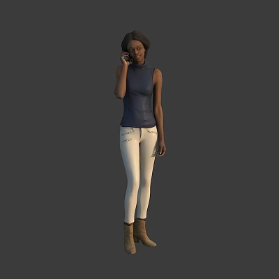 Woman on Phone Call Wearing Blue Sleeveless Top White Skinny Pants Brown Boots Gray Background 3d model