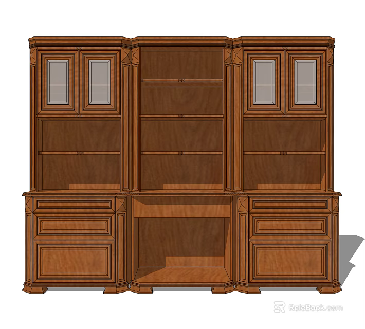 Traditional Solid Wood Storage Cabinet with Glass Doors Open Shelves and Drawers Classic Style 3d model 