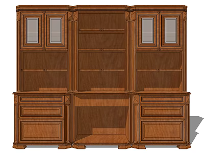 Traditional Solid Wood Storage Cabinet with Glass Doors Open Shelves and Drawers Classic Style 3d model