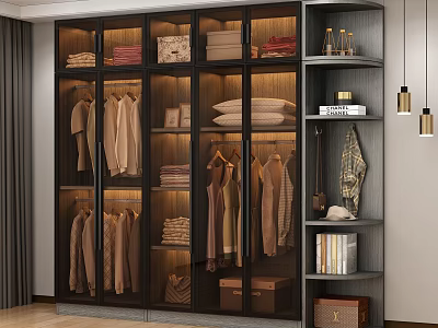 Modern Open Wardrobe Interior With Hanging Clothes Folded Garments And Decorative Storage Shelf 3d model