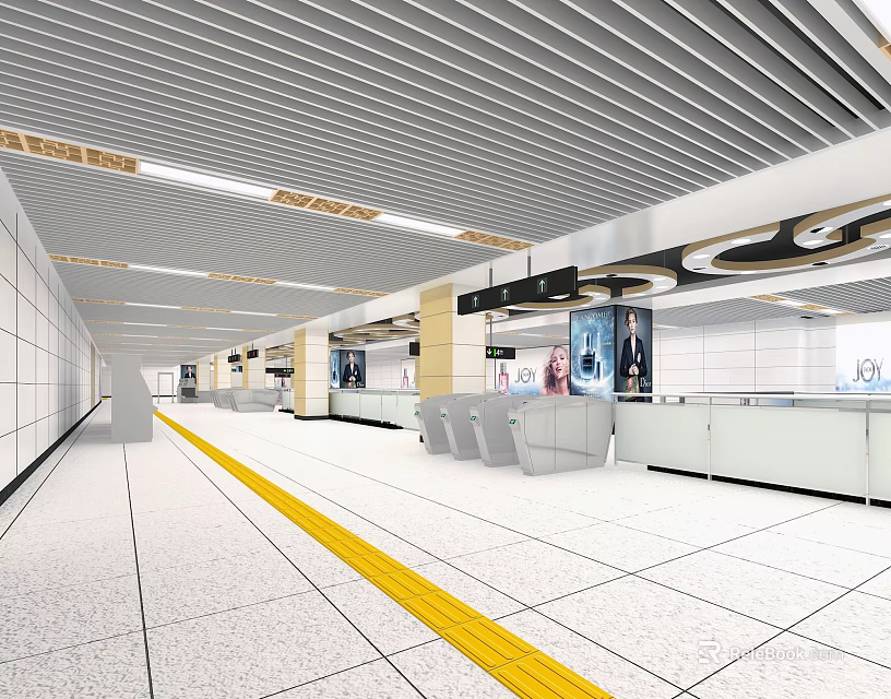 Modern Metro Station Interior With Striped Ceiling Seats Billboards And Yellow Safety Line 3d model 